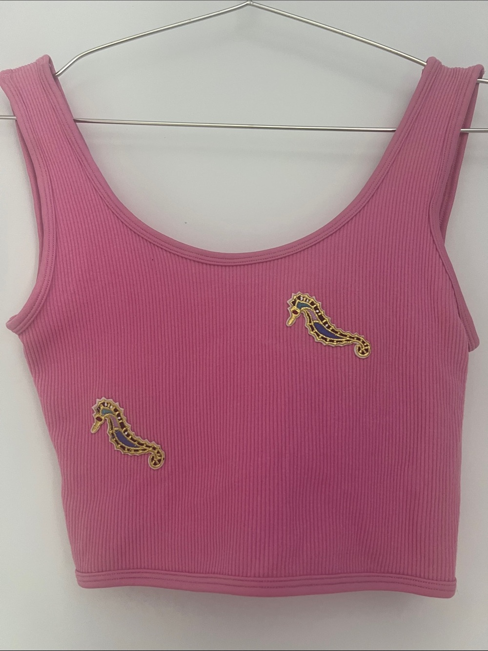 Ribbed Pink Cropped Tank with Seahorse Embroidery